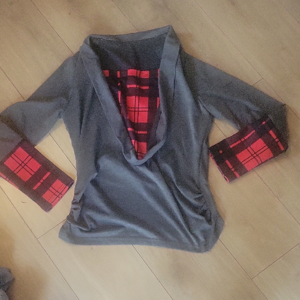 SHEIN Charcoal and Scarlet Plaid Long Sleeve Top
